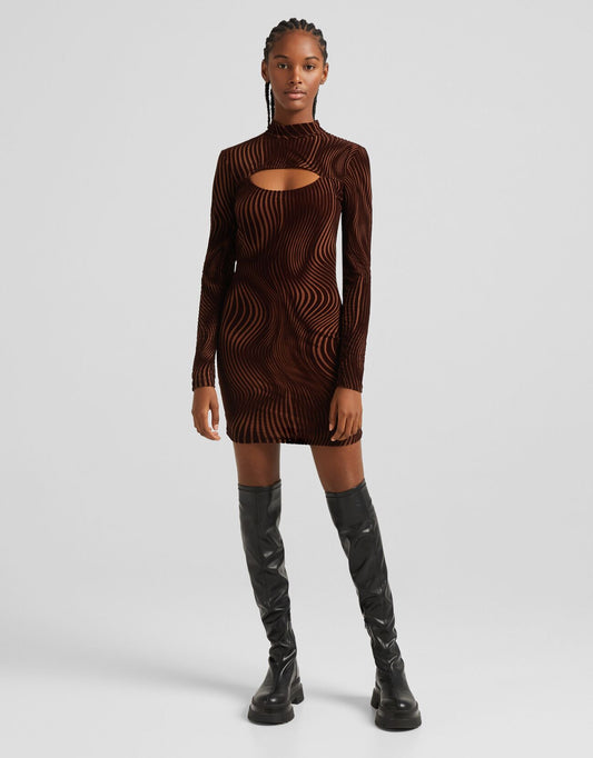 Long Sleeve Mini Dress with Scalloped Print