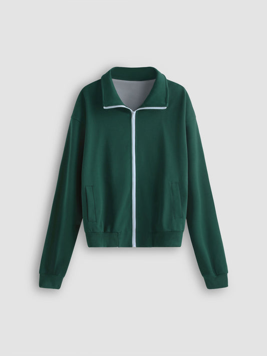 Contrasting Trim Sporty Zipper Up Sweatshirt & Shorts Set