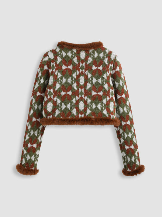 Geometric V-neck Fuzzy Knotted Crop Cardigan