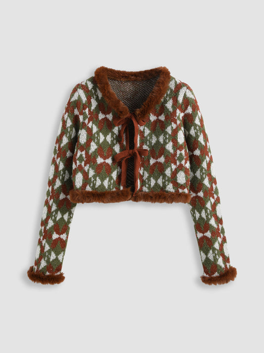 Geometric V-neck Fuzzy Knotted Crop Cardigan