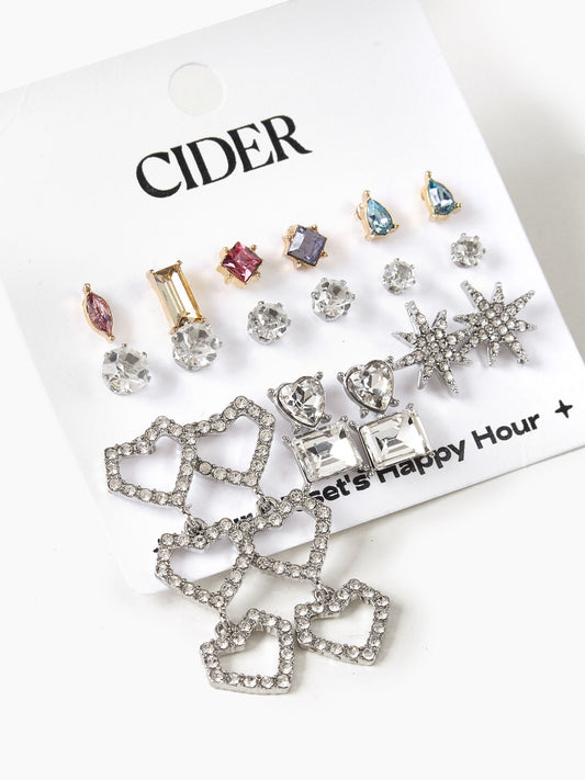 9pairs Rhinestone Decor Stud Earrings & Drop Earrings