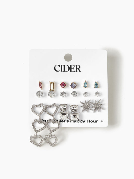 9pairs Rhinestone Decor Stud Earrings & Drop Earrings
