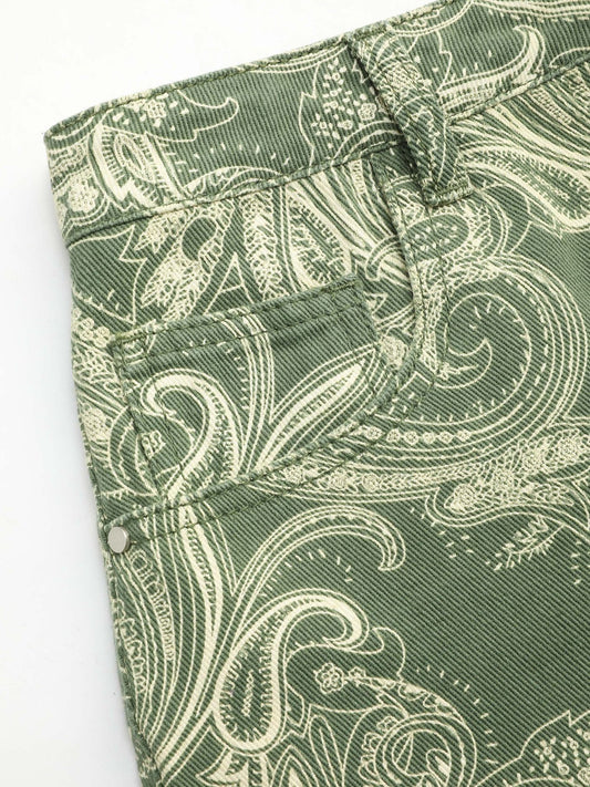 Denim Mid Waist Paisley Button Straight Leg Shorts