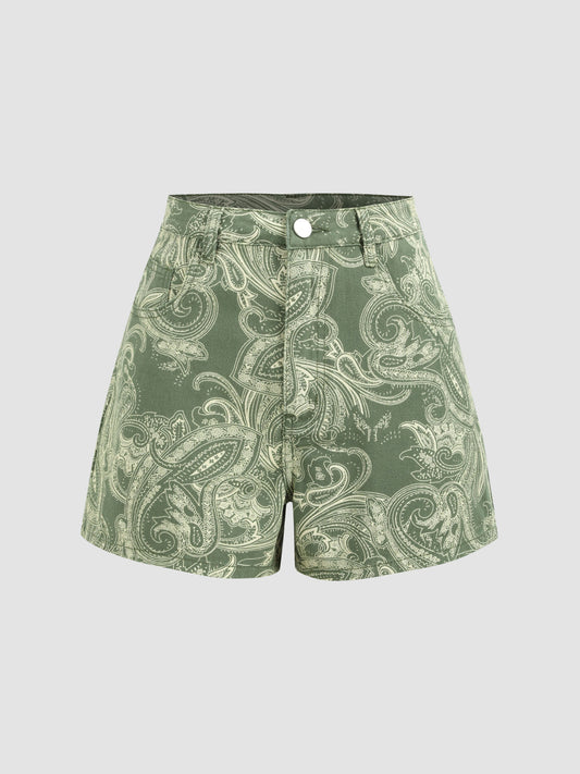 Denim Mid Waist Paisley Button Straight Leg Shorts