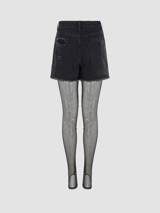 Denim Mid Waist Mini Shorts With Fishnet Tights