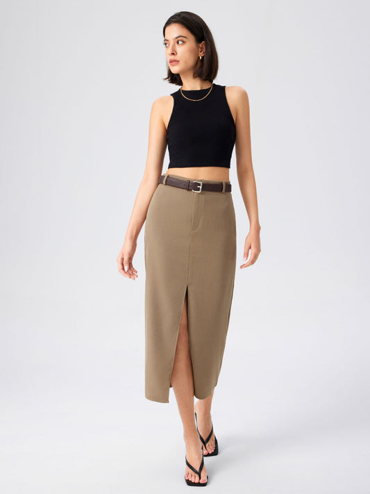 Solid High Waist Split Maxi Skirt