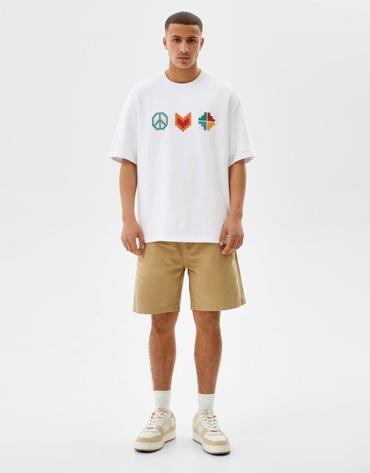Short Sleeve Plush T-Shirt with Crochet Embroidery