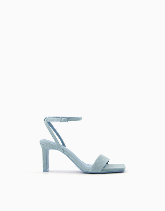High-heel strappy denim sandals with ankle strap