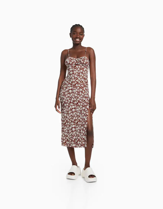 Floral print midi dress with straps and cut-out detail