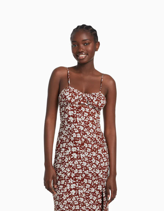 Floral print midi dress with straps and cut-out detail