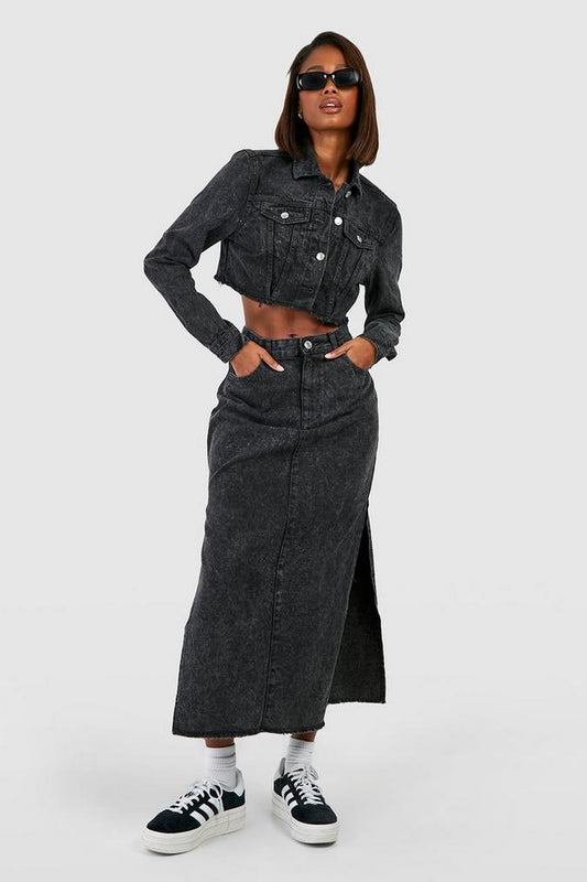 Acid Wash Side Split Denim Midi Skirt