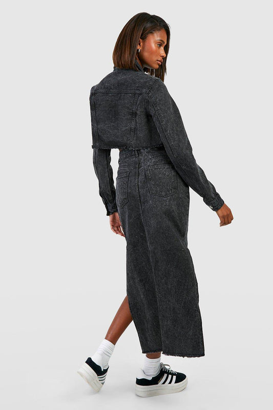 Acid Wash Side Split Denim Midi Skirt