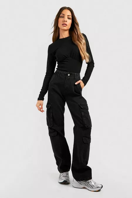 Crinkle Rib Corset Detail Long Sleeve Top
