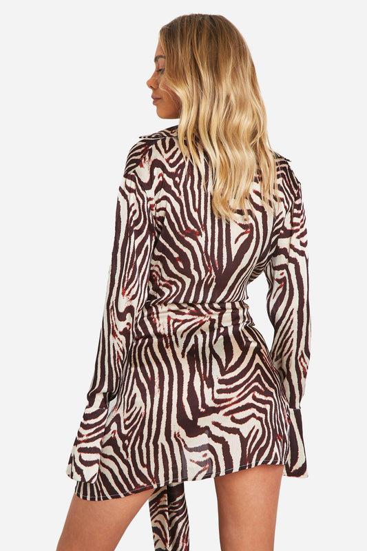 Zebra Satin Wrap Skirt Shirt Dress