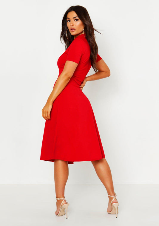High Neck Button Detail Skater Dress
