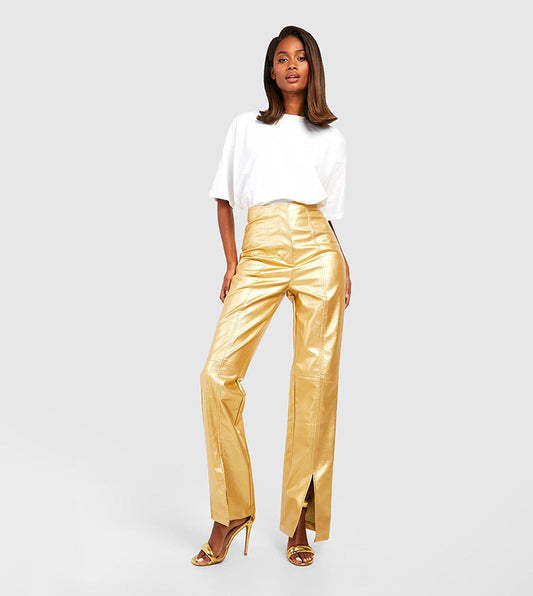 Matta Metallic Leather Look Split Front Trousers