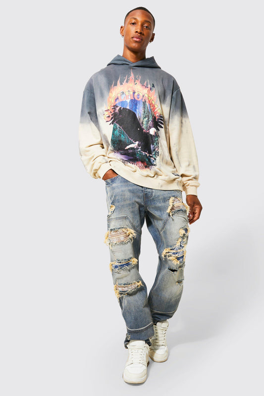 Oversized Bleach Tie Dye Eagle Graphic Hoodie