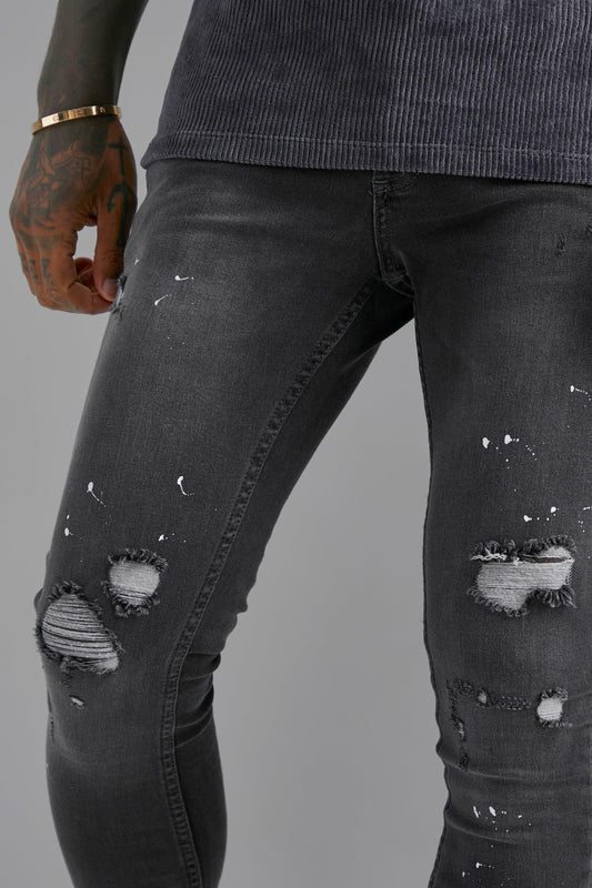 Super Skinny Ripped Paint Splatter Jeans Mid Grey