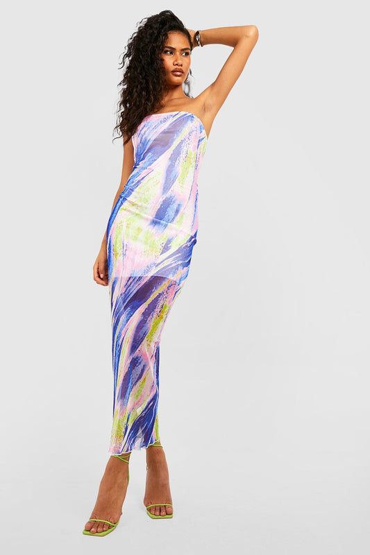 Abstract Mesh Bandeau Maxi Dress Hot Pink