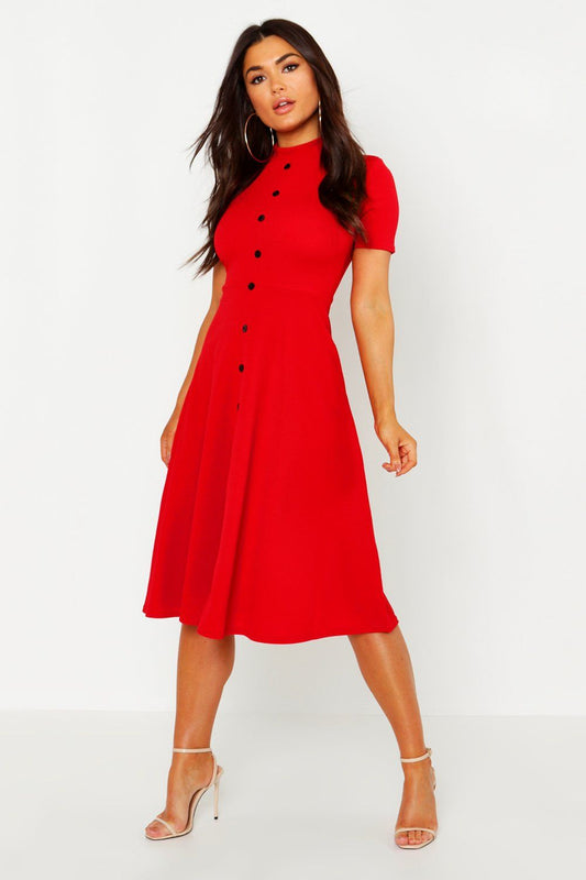 High Neck Button Detail Skater Dress