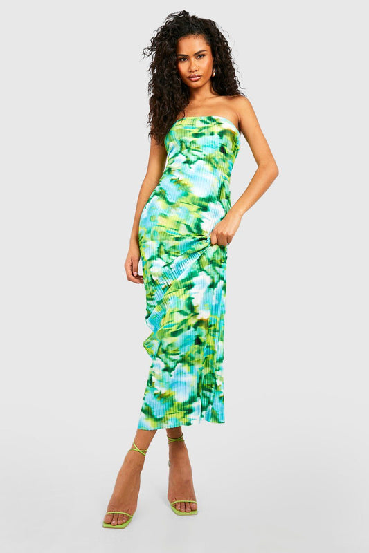 Abstract Plisse Bandeau Maxi Dress