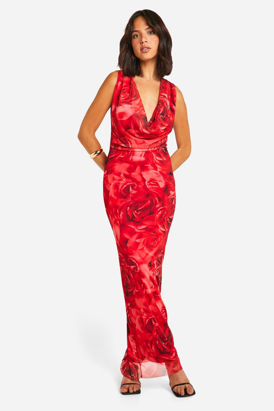 Printed Cowl Neck Maxi Dress