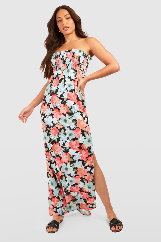 Tall Floral Shirred Bandeau Maxi Dress