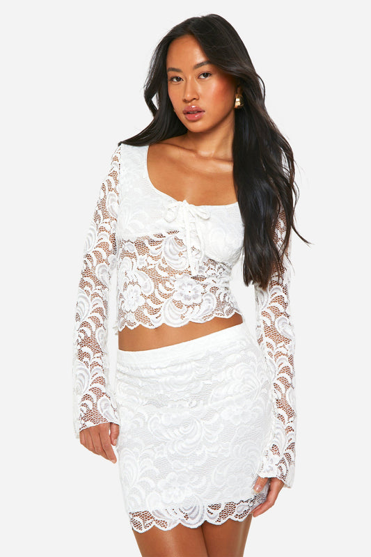 Tie Front Lace Crop & Mini Skirt