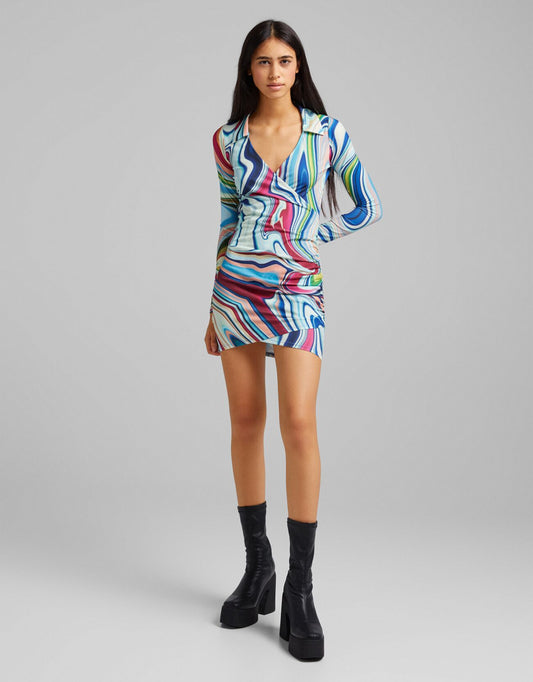 Long Sleeve Polo Collar Mini Dress