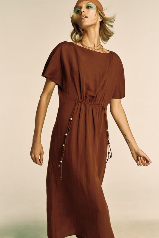 Linen Blend Beaded Tunic Dress