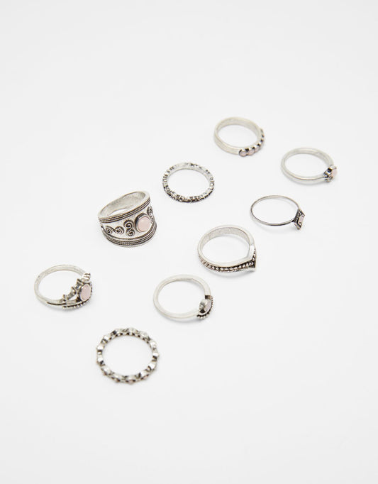 Set of 9 boho rhinestone rings