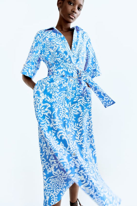 Linen Blend Printed Shirt Dress