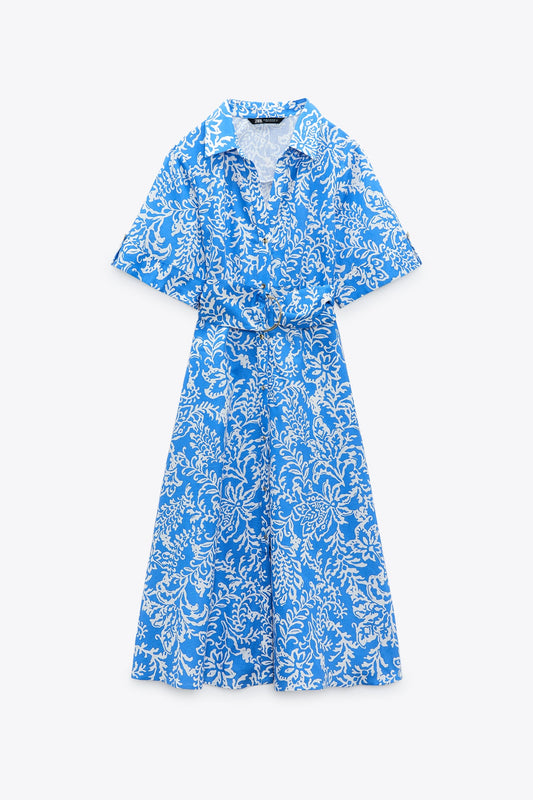 Linen Blend Printed Shirt Dress