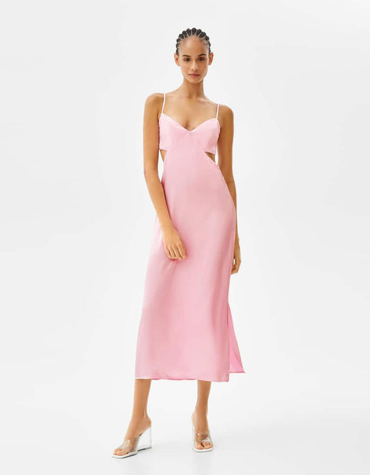 satin mini dress with ruffles and low-cut detailed
