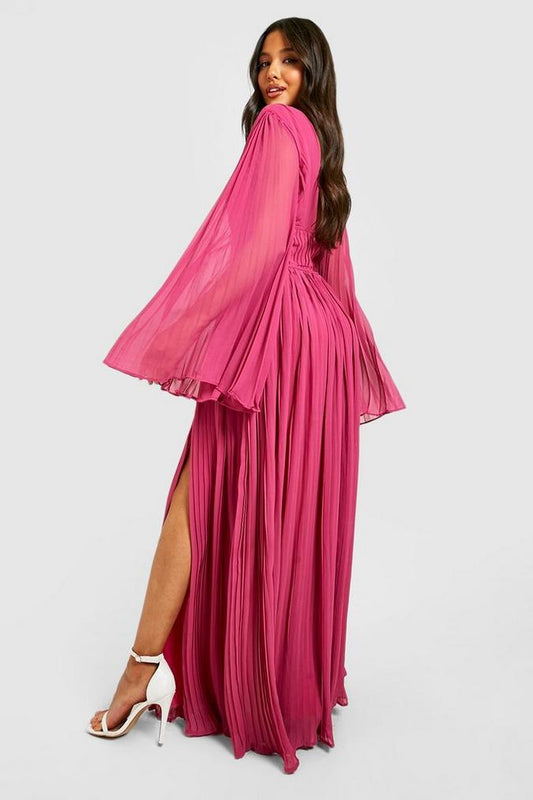 Magenta pink Bridesmaid Pleated Chiffon Maxi Dress