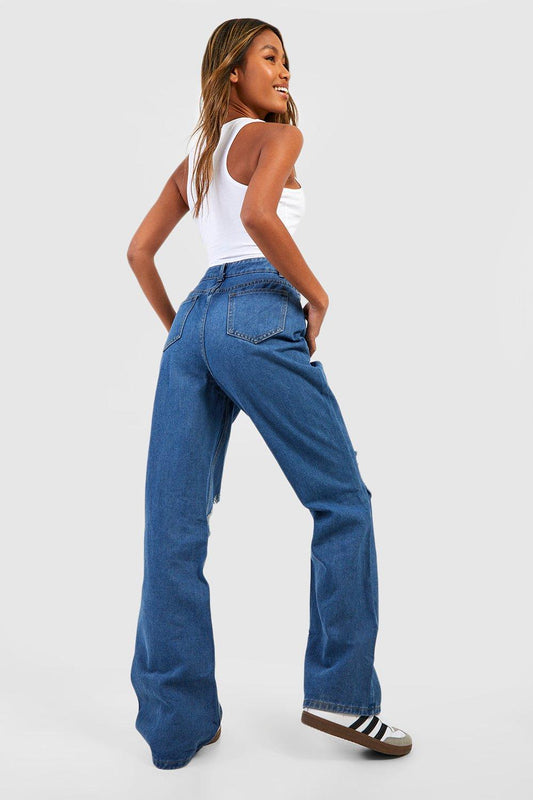 High Waisted Ripped Knee Straight Fit Jeans