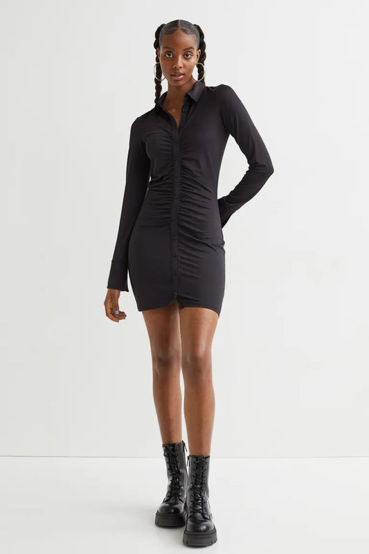 Black Draped Shirt Dress