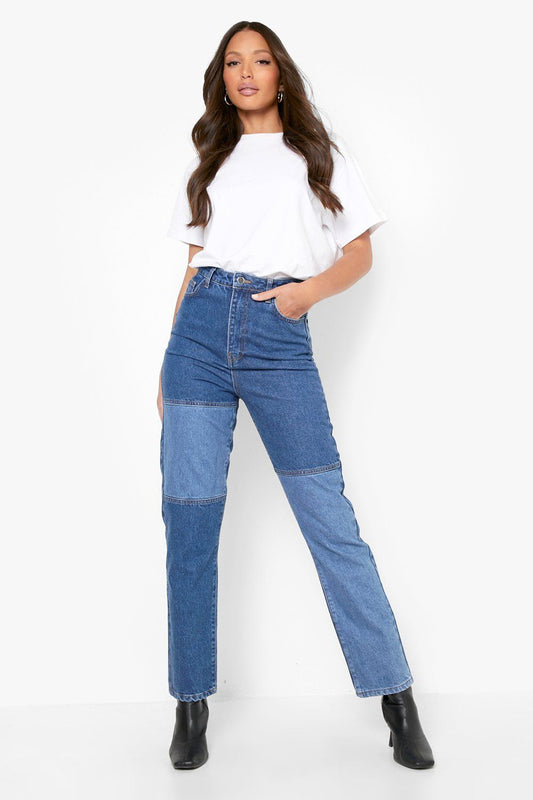 Tall Patchwork Denim Straight Leg Jeans