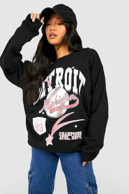 Petite Detroit Print Oversized Sweatshirt