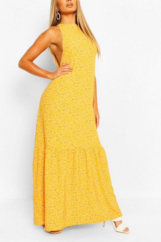 High Neck Tiered Hem Ditsy Maxi Dress