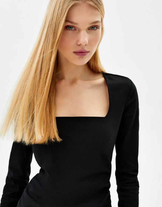 Black Short Dress with Gathered Waist